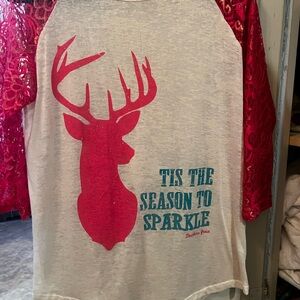 Hot pink Deer Christmas tee with lace sleeves that shimmer, deer shimmers too!